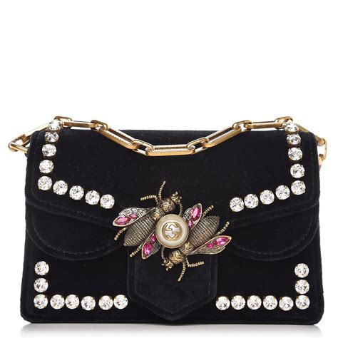 GUCCI Velvet Crystal Mini Bee Broadway Shoulder Bag Black 